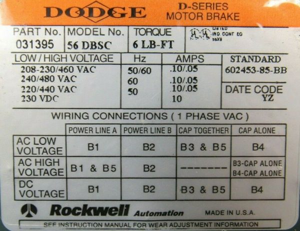 NEW DODGE 56DBSC-6-MA MOTOR BRAKE 230/460V 031395 56DBSC6MA - Image 3