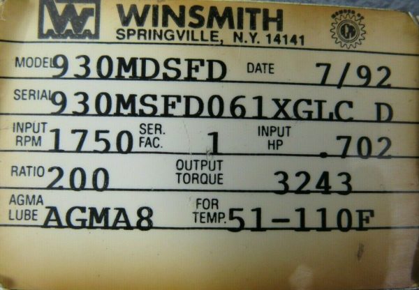 REFURBISHED WINSMITH 930MDSFD GEAR REDUCER RATIO 200:1 RPM 1750 - Image 4