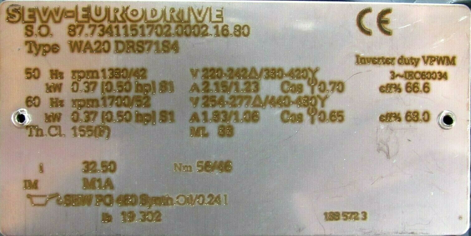 NEW SEW EURODRIVE WA20-DRS71S4 GEAR MOTOR .5HP WA20DRS71S4 - Image 4