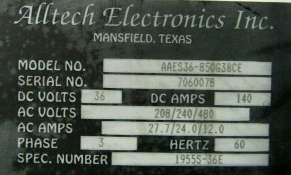 USED ALLTECH ELECTRONICS AAES36-850G3BCE BATTERY CHARGER 36V 1955S-36E - Image 4