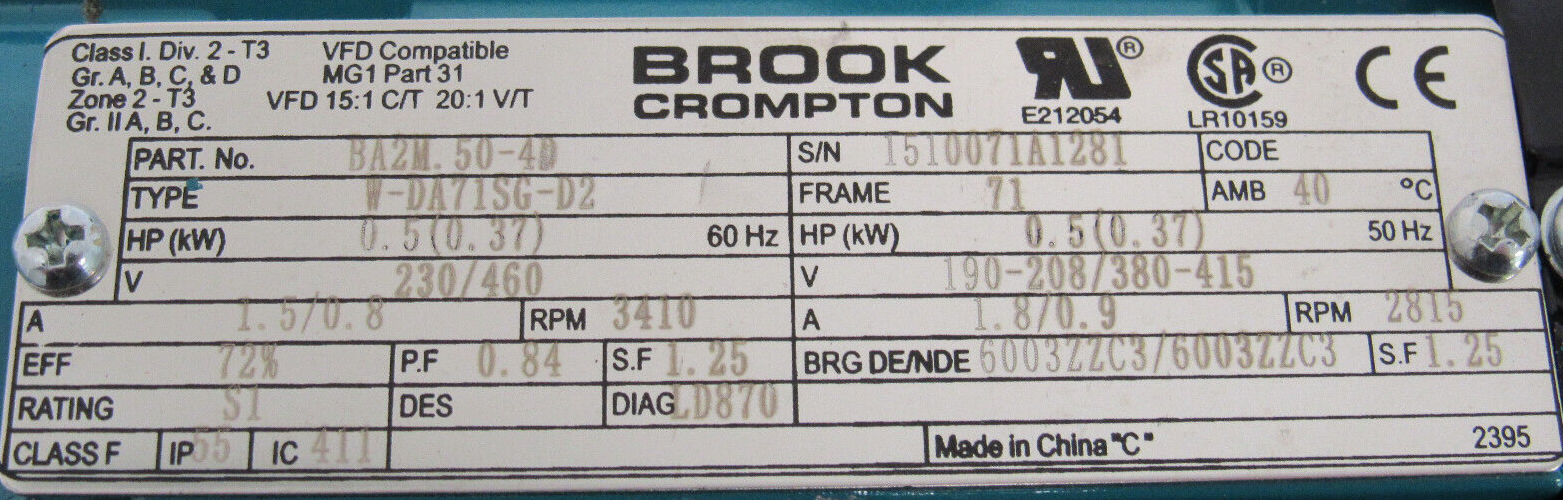 NEW BROOK CROMPTON BA2M.50-4D MOTOR .5HP 230/460V W-DA71SG-D2 BA2M504D - Image 5