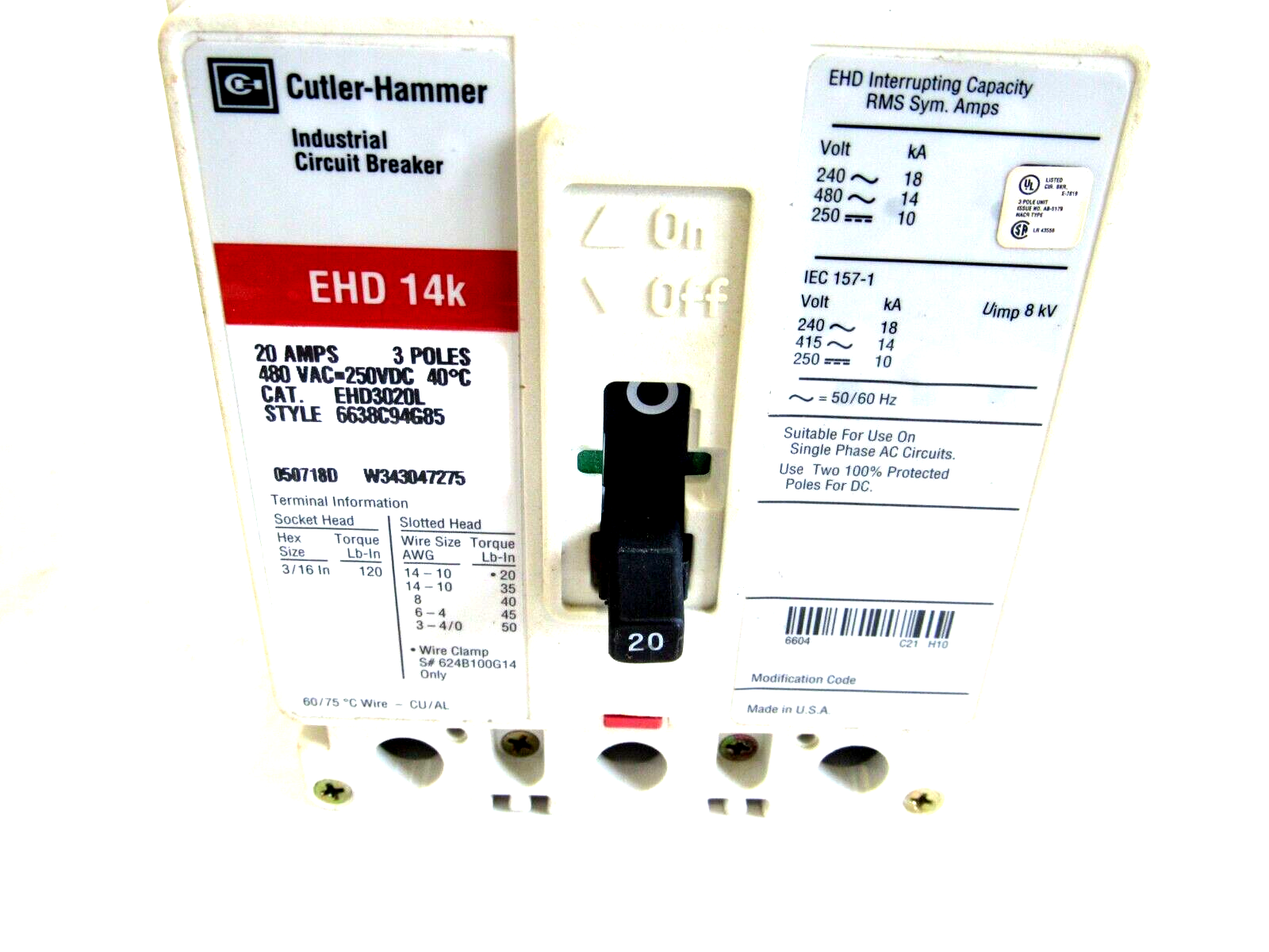 NEW CUTLER HAMMER EHD3020L SER.C CIRCUIT BREAKER 20A, 480VAC, 3 POLE - Image 3