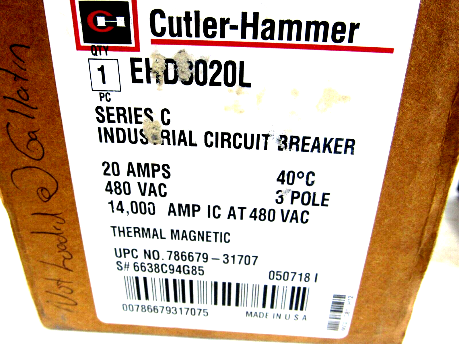NEW CUTLER HAMMER EHD3020L SER.C CIRCUIT BREAKER 20A, 480VAC, 3 POLE - Image 5