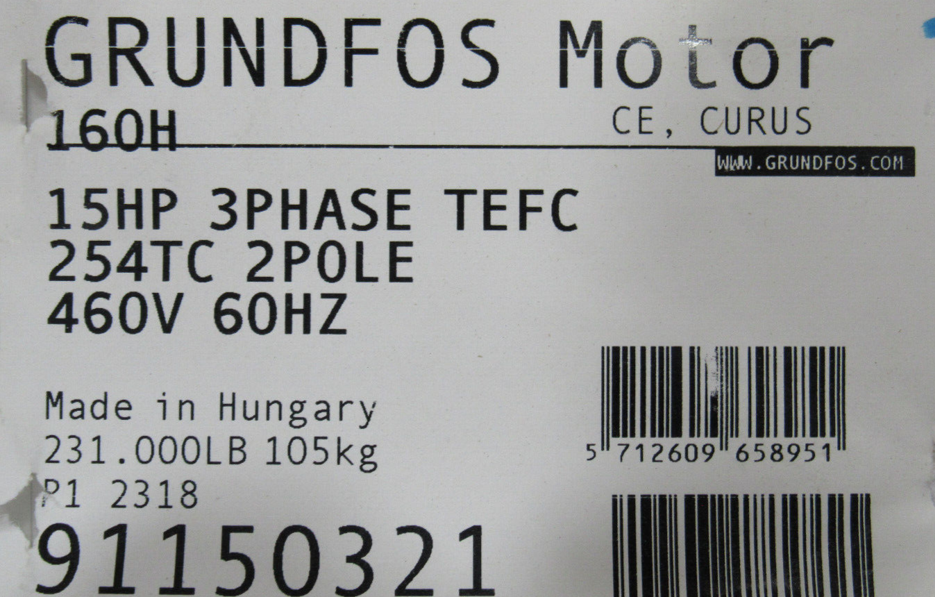 NEW GRUNFOS 91150321 PUMP MOTOR 15HP 460V MLE160H 2-254TC-JA