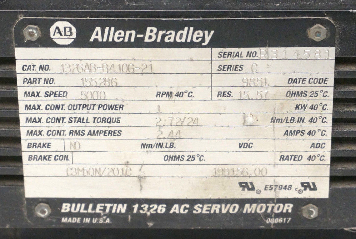 USED ALLEN BRADLEY 1326AB-B410G-21 SERVO MOTOR SER. C, 1326ABB410G21 - Image 5