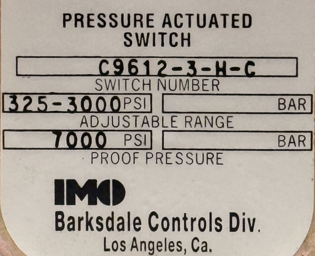 NEW BARKSDALE C9612-3-H-C PRESSURE ACTUATED SWITCH 325-3000PSI 7000PSI C96123HC - Image 6