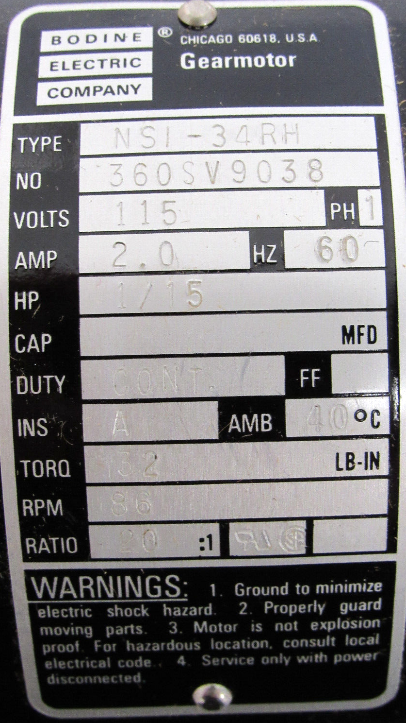 NEW BODINE ELECTRIC NSI-34RH GEARMOTOR 20:1 115V 1/15HP NSI34RH - Image 4