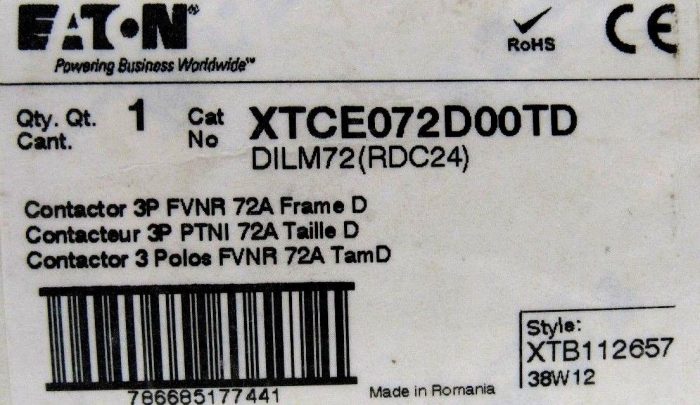 NEW EATON XTCE072D00TD CONTACTOR 3P FVNR 72A FRAME D 24-27VDC - Image 7