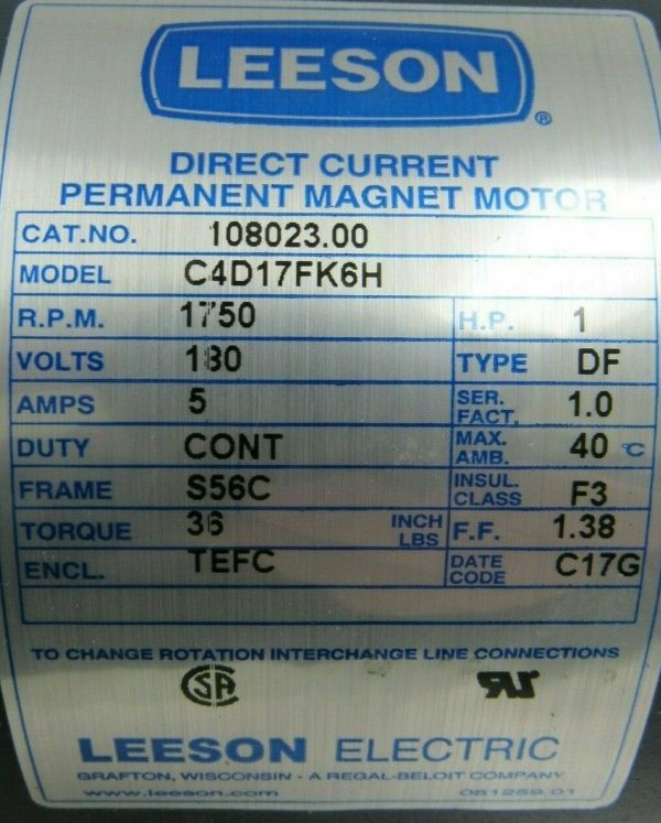 NEW LEESON 108023.00 MOTOR 1HP 180VDC 1750 RPM 5/8" SHAFT DIA. C4D17FK6H - Image 5