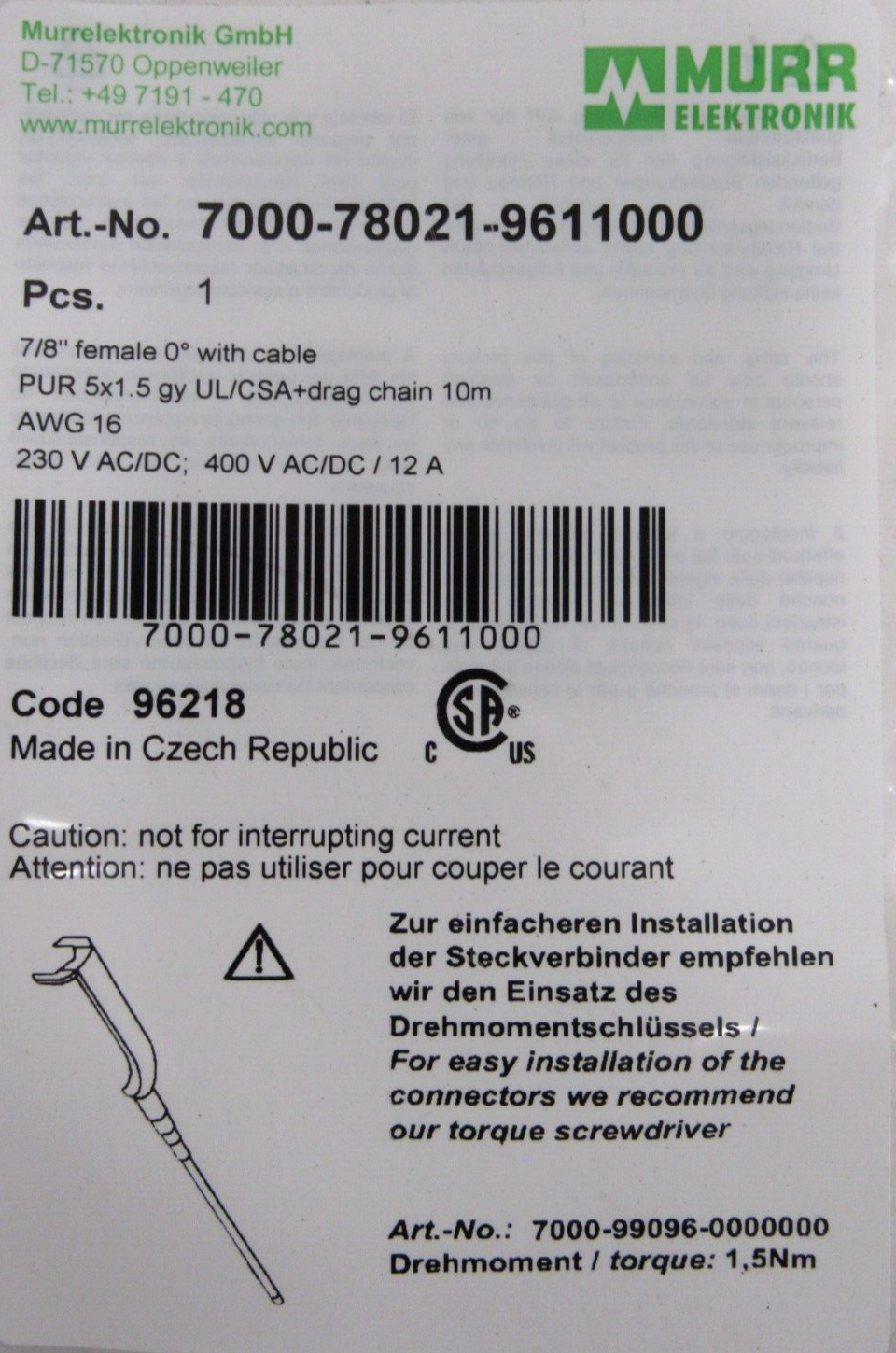 NEW MURR 7000-78021-9611000 CABLE 7/8" FEMALE 0° WITH CABLE - Image 4