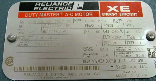 NEW RELIANCE ELECTRIC P32G0052D MOTOR XE SERIES 50HP 1775 RPM 230/460V 326T - Image 6