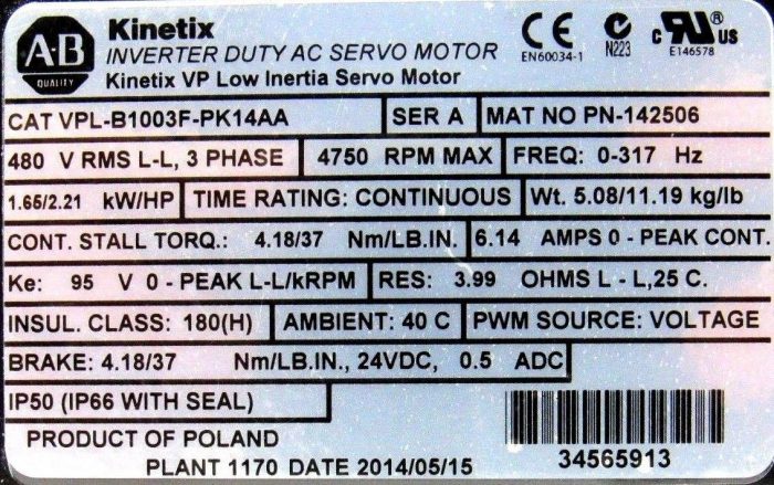 USED ALLEN BRADLEY VPL-B1003F-PK14AA SERVO MOTOR VPLB1003FPK14AA - Image 5