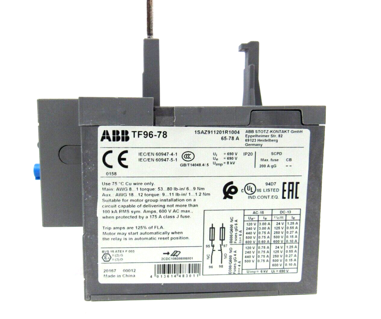 NEW ABB TF96-78 OVERLOAD RELAY 1SAZ911201R1004 TF9678 - Image 3