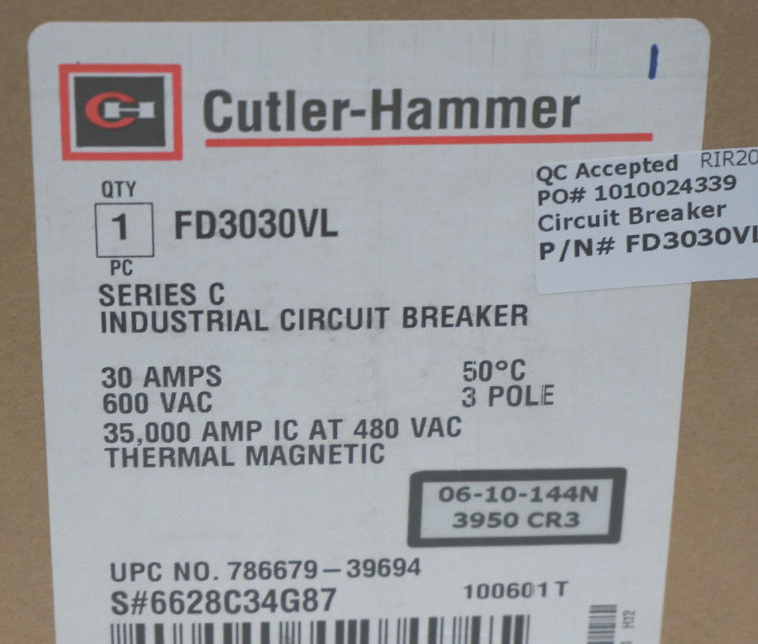 NEW CUTLER HAMMER FD3030VL CIRCUIT BREAKER SER. C, 30A, 600VAC, 3 POLE - Image 3