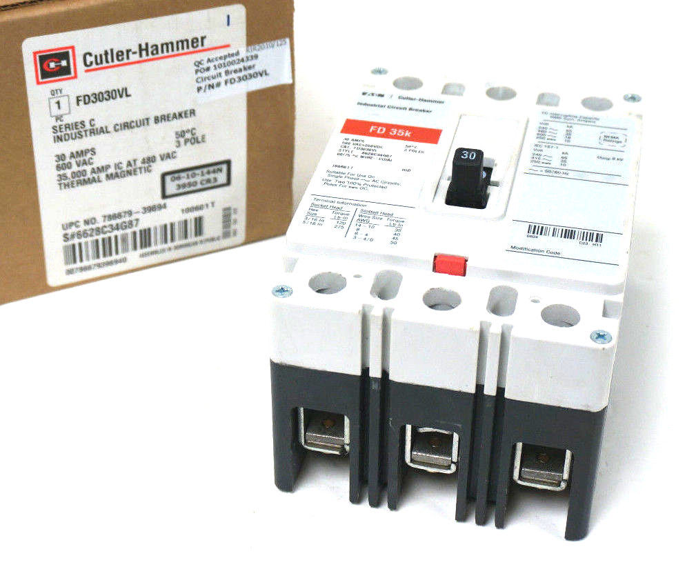NEW CUTLER HAMMER FD3030VL CIRCUIT BREAKER SER. C, 30A, 600VAC, 3 POLE