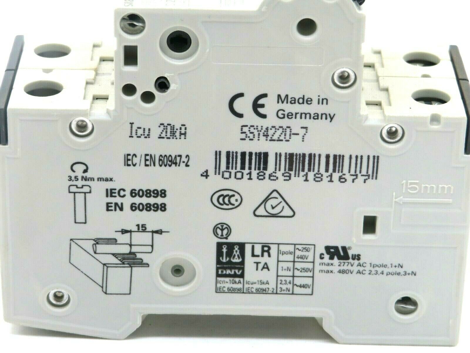 NEW SIEMENS 5SY4 220-7 MINIATURE CIRCUIT BREAKER 2 POLE 5SY42207 - Image 3