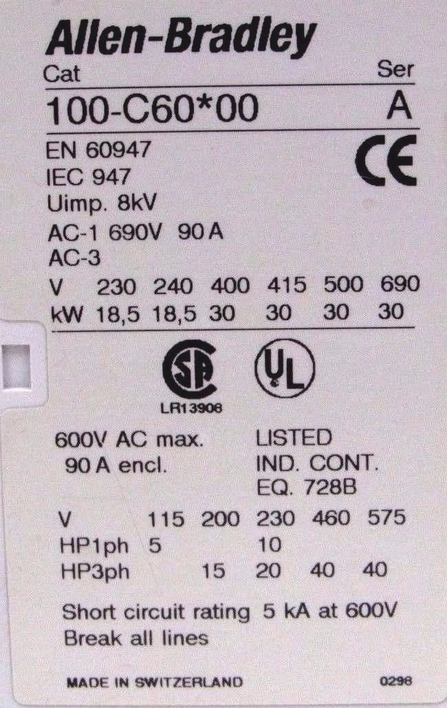 USED ALLEN BRADLEY 100-C60*00 CONTACTOR 100C6000 SERIES A - Image 4