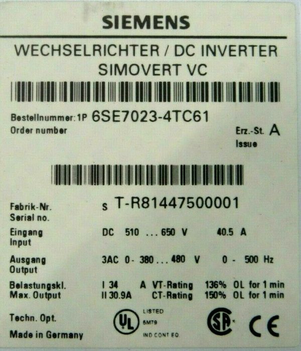 USED SIEMENS 6SE7023-4TC61 INVERTER DRIVE 6SE70234TC61 - Image 6