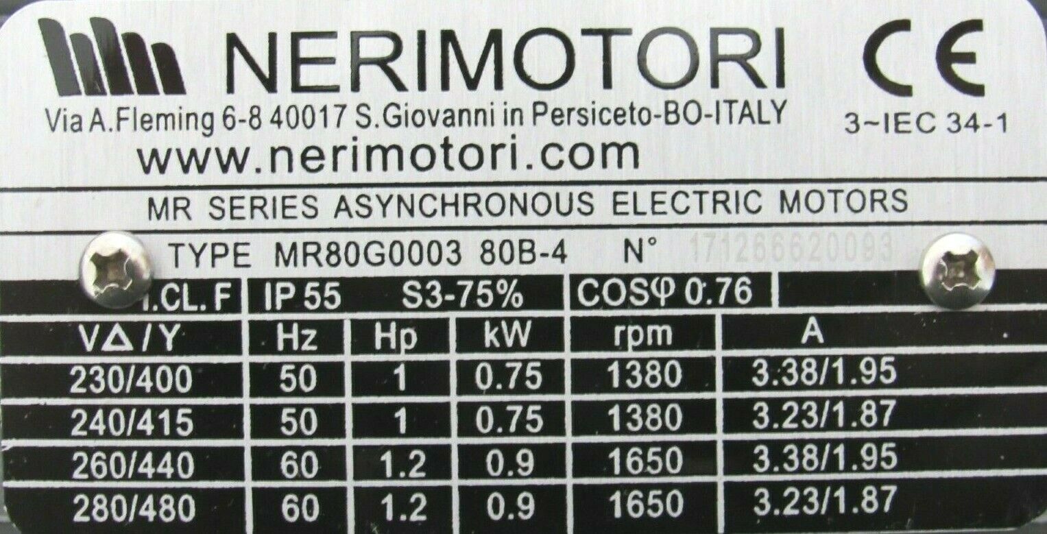 NEW NERIMOTORI MR80G0003 80B-4 MOTOR 260/440V 1.2HP - Image 5