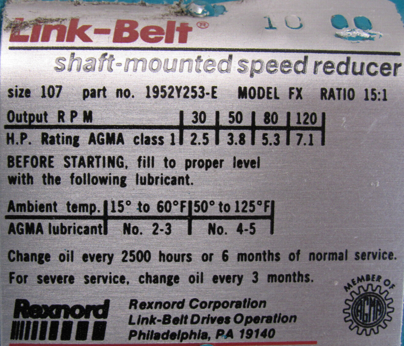 NEW REXNORD 1952Y253-E SPEED REDUCER MODEL: FX RATIO 15:1 1952Y253E - Image 7
