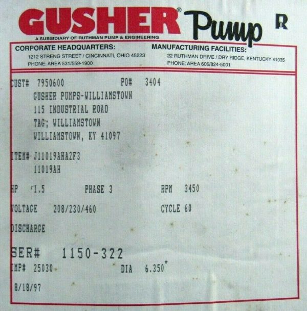 NEW GUSHER PUMPS 11019AH-A PUMP 7-1/2HP 208-230/460V J11019AHA2F3 JPM3616T - Image 4