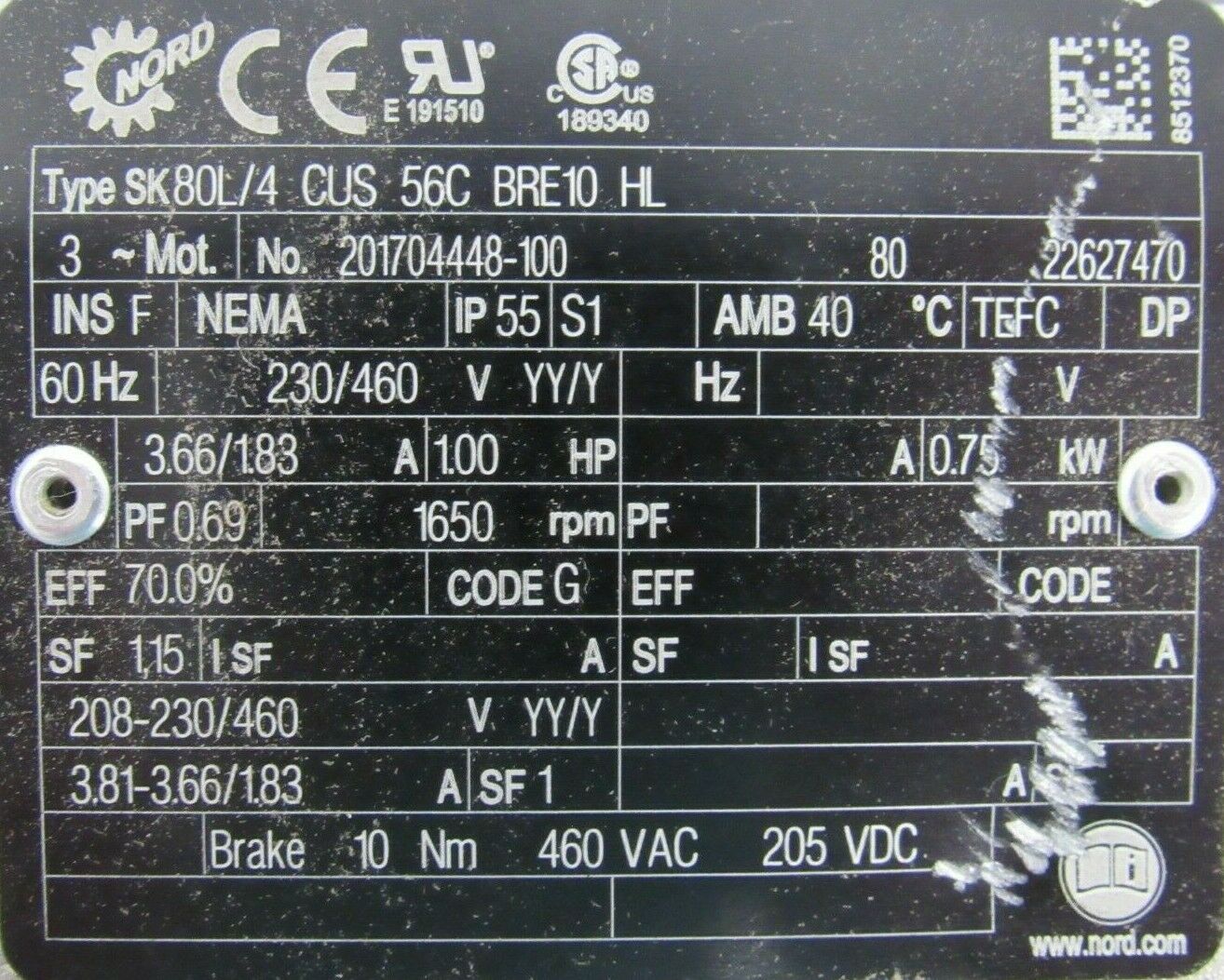 NEW NORD SK80L/4CUS GEARMOTOR 230/460V SK80L/4CUS 56C BRE10HL SK80L4CUS 5/8" DIA - Image 4