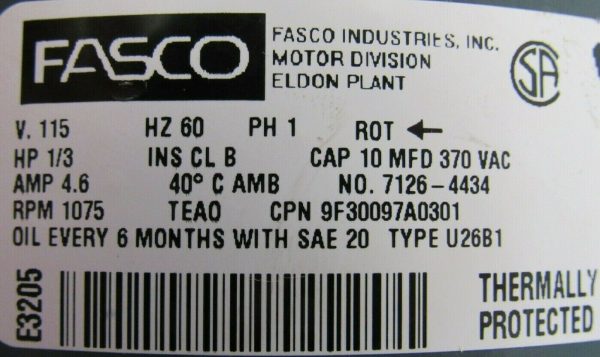 NEW FASCO E3205 MOTOR 1/3HP 115V 9F30097A0301 1/2" DIA. - Image 5