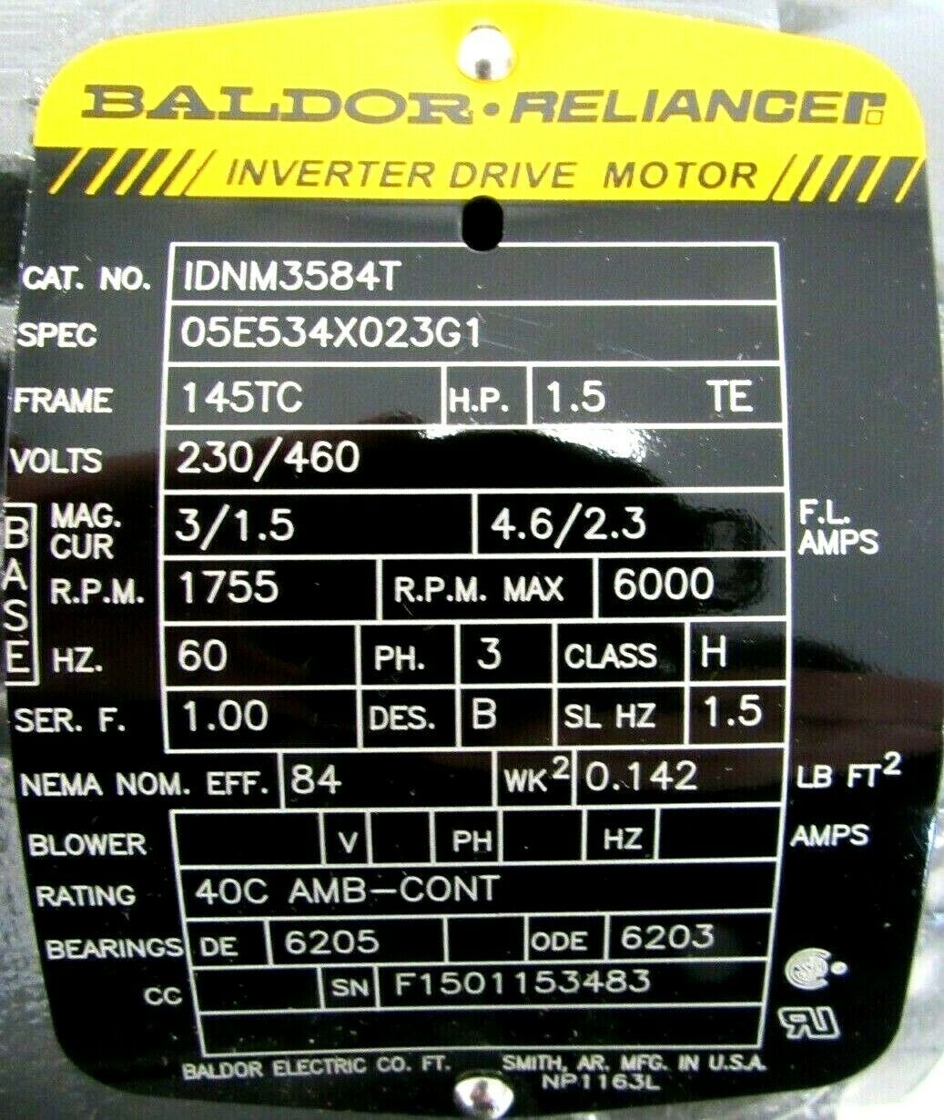 NEW BALDOR IDNM3584T MOTOR 1.5HP 230/460V 1755RPM 7/8" DIA. - Image 4