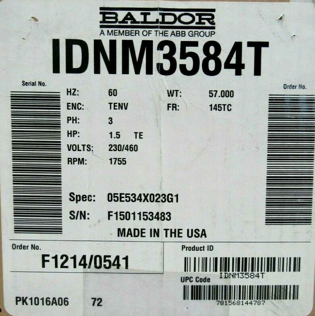 NEW BALDOR IDNM3584T MOTOR 1.5HP 230/460V 1755RPM 7/8" DIA. - Image 5