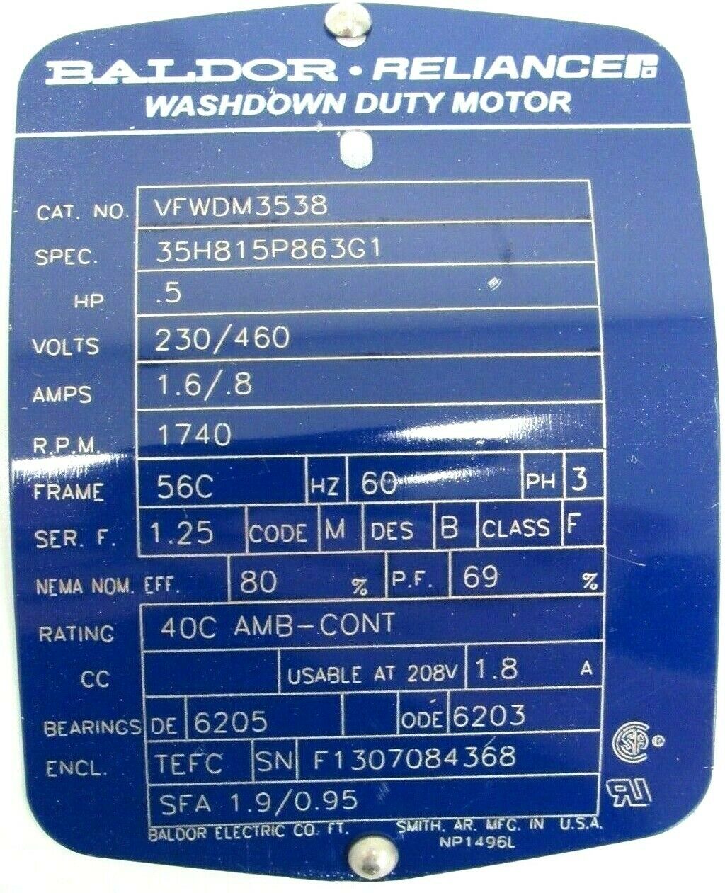 NEW BALDOR VFWDM3538 MOTOR .5HP 230/460V 1740RPM 5/8" DIA. 35H815P863G1 - Image 4