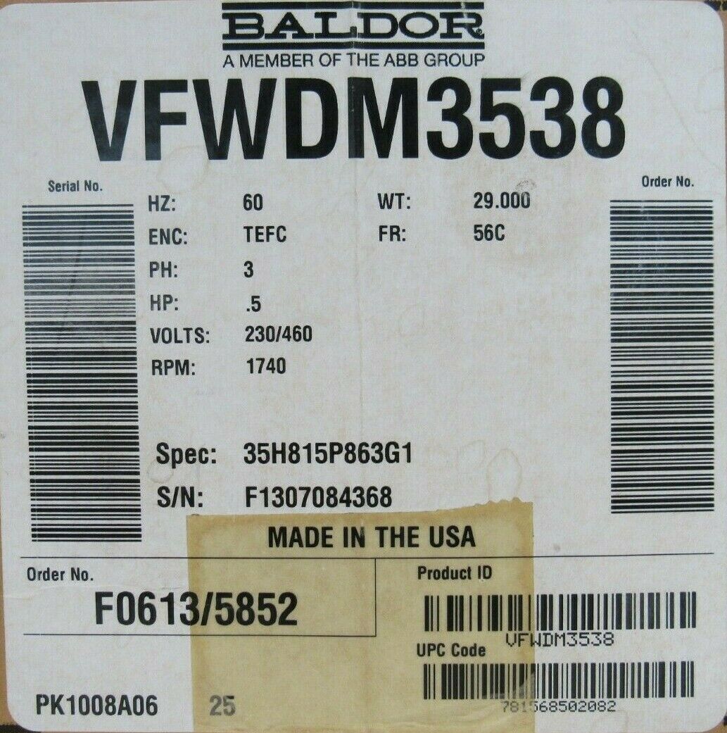 NEW BALDOR VFWDM3538 MOTOR .5HP 230/460V 1740RPM 5/8" DIA. 35H815P863G1 - Image 5
