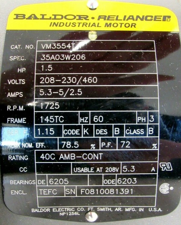 NEW BALDOR VM3554T MOTOR 1.5HP 208-230/460V 1725RPM 35A03W206 7/8" DIA. - Image 4