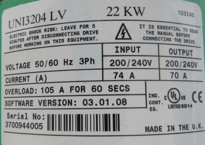NEW CONTROL TECHNIQUES UNI3204-LV DRIVE 200-240V 22KW 70A UNI3204LV - Image 5