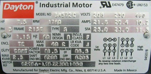 NEW DAYTON 3N572C MOTOR 7.5HP 1760 RPM 208-230/460V 1760 RPM - Image 5