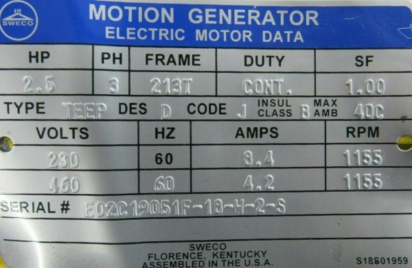 NEW SWECO E02C19051F-18-W-2-S MOTION GENERATOR 2.5HP 213T 1155 RPM - Image 5