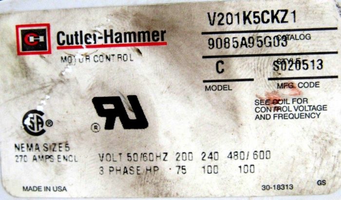 USED CUTLER HAMMER V201K5CKZ1 VACUUM CONTACTOR SIZE 5 MODEL C 9085A95G03 - Image 7