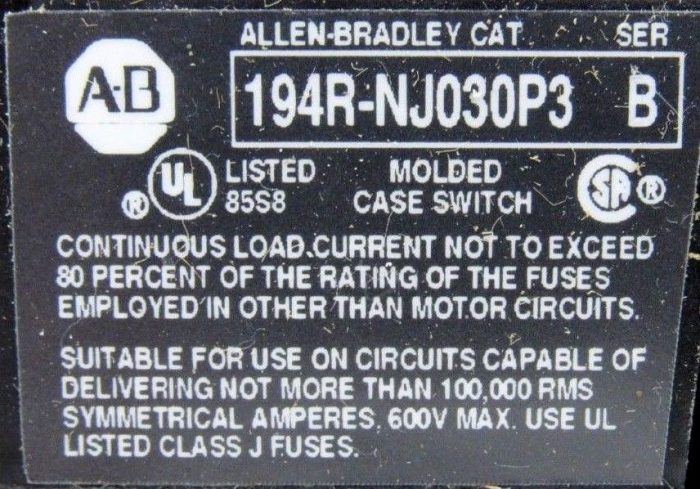 NEW ALLEN BRADLEY 194R-NJ030P3 FUSED DISCONNECT SWITCH SER B 194RNJ030P3 - Image 4