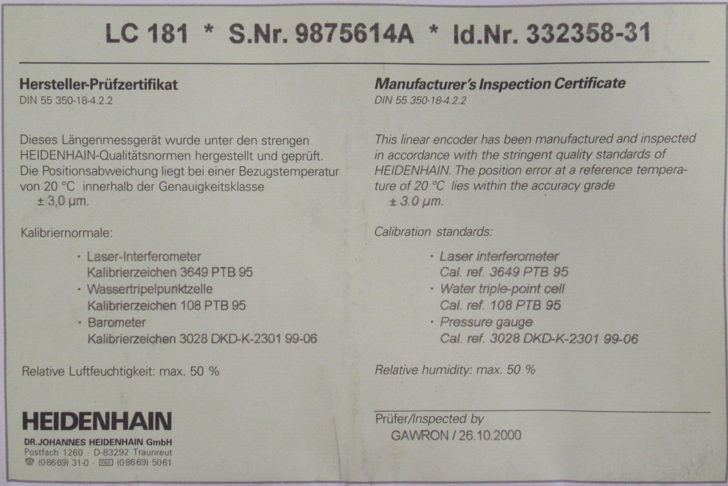 NEW HEIDENHAIN LC 181 LINEAR ENCODER 940MM 332358-31 AE LC 181 332521-03 - Image 7