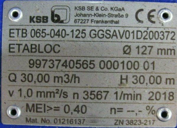 NEW KSB ETB-065-040-125 CENTRIFUGAL PUMP 5HP 460V ETABLOC GGSAV01D200372 - Image 5
