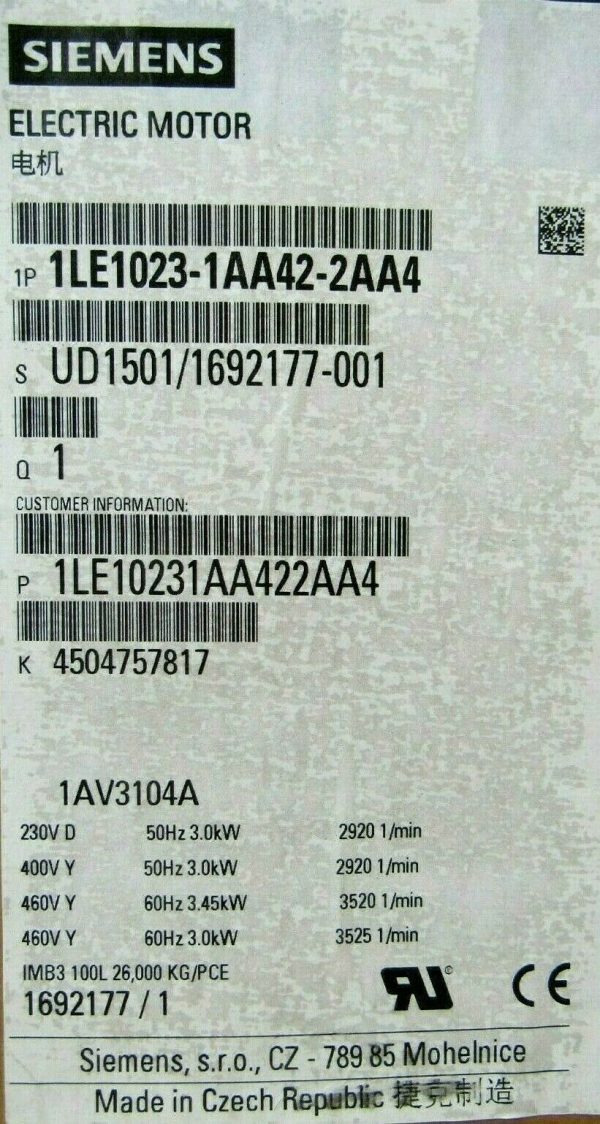 NEW SIEMENS 1LE1023-1AA42-2AA4 ELECTRIC MOTOR 1AV3104A 1LE10231AA422AA4 - Image 6