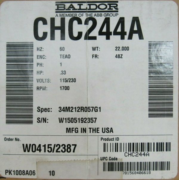 NEW BALDOR CHC244A MOTOR .33HP 115/230V 1700RPM 1/2" DIA. 34M212R057G1 - Image 5