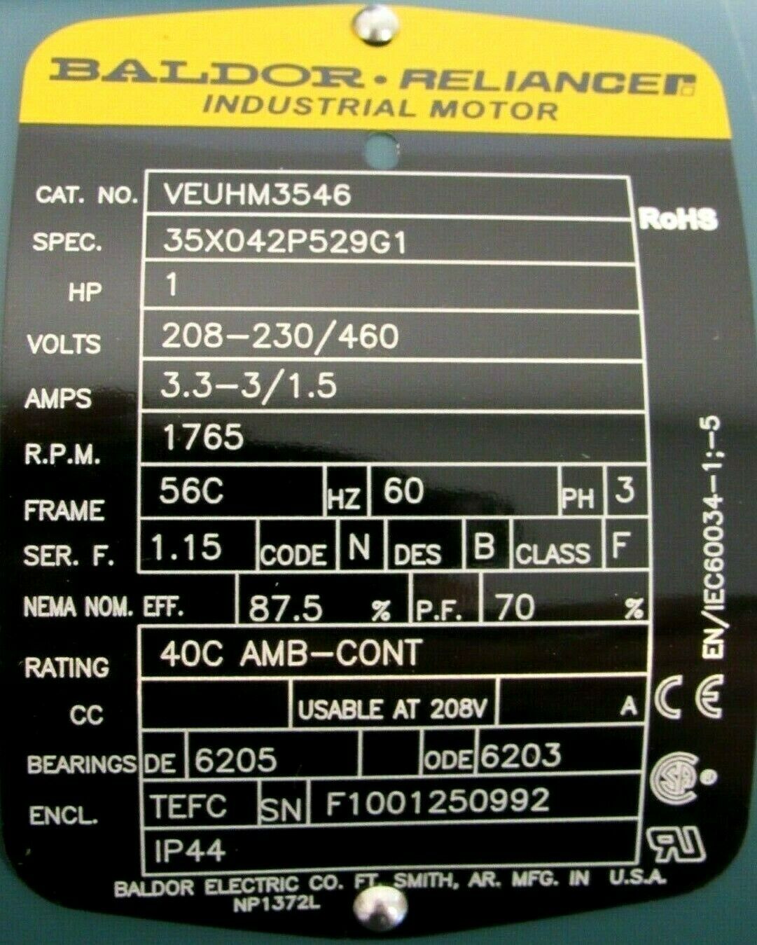 NEW BALDOR VEUHM3546 MOTOR 1HP 208-230/460V 1765RPM 5/8" DIA. 35X042P529G1 - Image 4