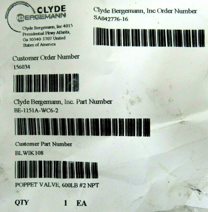 NEW CLYDE BERGMANN BE-1151A-WC6-2 POPPET VALVE BE1151AWC62 - Image 6
