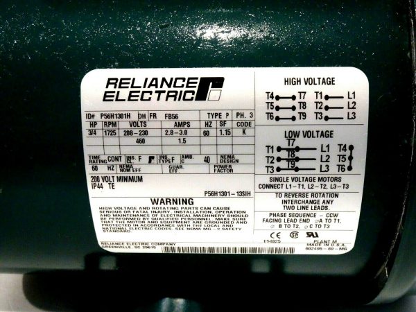NEW RELIANCE ELECTRIC P56H1301H MOTOR 3/4 H.P. 1725 R.P.M. - Image 4