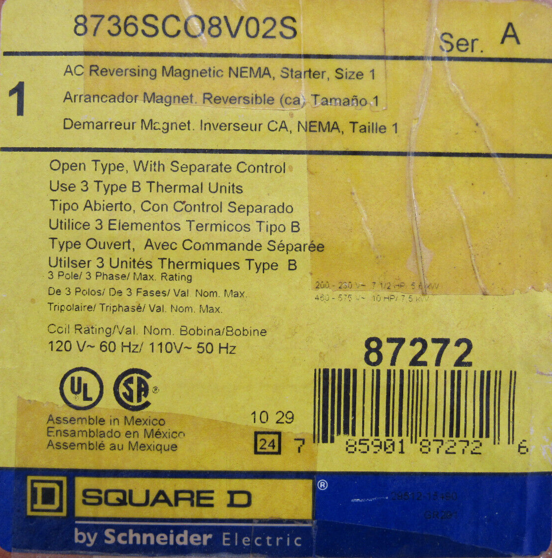 NEW SQUARE D 8736SCO8V02S REVERSING STARTER SIZE 1 SER.A 87272 - SB ...