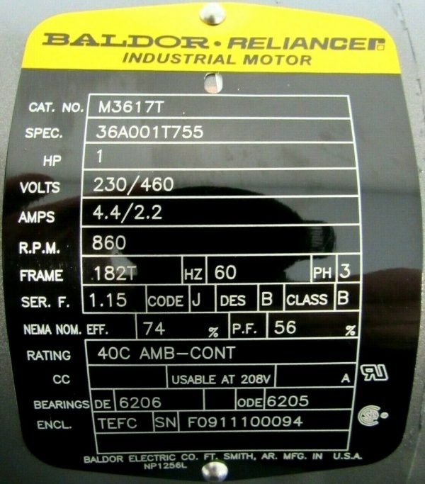 NEW BALDOR M3617T MOTOR 1HP 208/460V 860RPM 1-1/8" DIA. 36A001T755 - Image 4