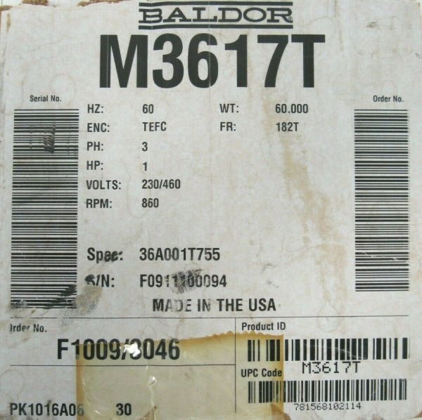 NEW BALDOR M3617T MOTOR 1HP 208/460V 860RPM 1-1/8" DIA. 36A001T755 - Image 5
