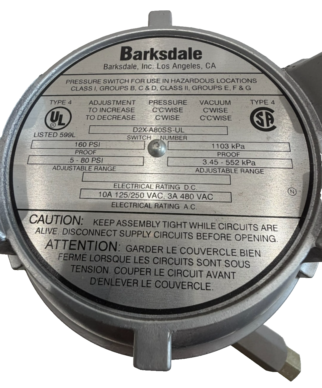 NEW BARKSDALE D2X-A80SS-UL PRESSURE SWITCH D2XA80SSUL - Image 4