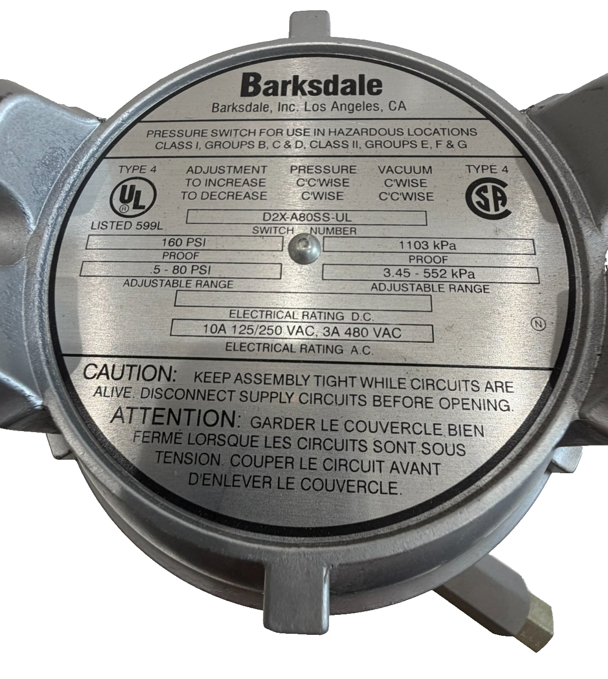NEW BARKSDALE D2X-A80SS-UL PRESSURE SWITCH D2XA80SSUL - Image 5