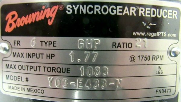 NEW BROWNING Y03-E433-N SYNCROGEAR REDUCER 21:1 TYPE GEP Y03E433N - Image 5